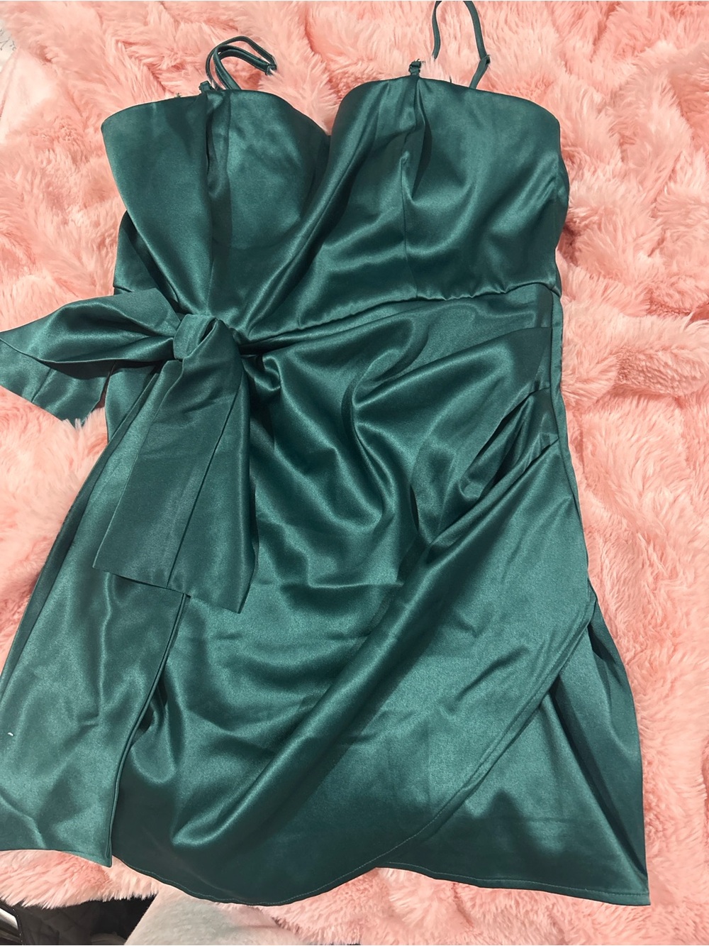 Francesca's Collections Emerald Satin Strapless Tie-Waist Dress